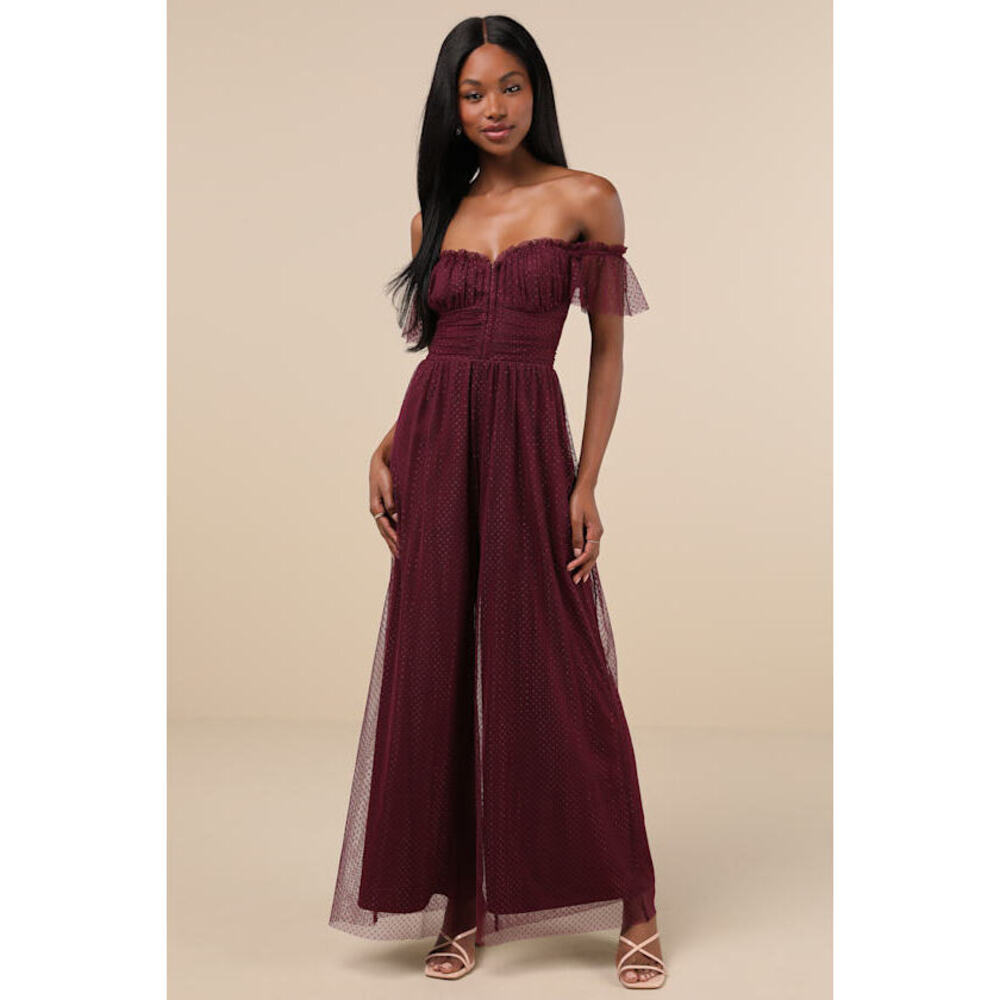 Lulus Regal Radiance Plum Purple Swiss Dot Mesh Wide-leg Jumpsuit - Size M